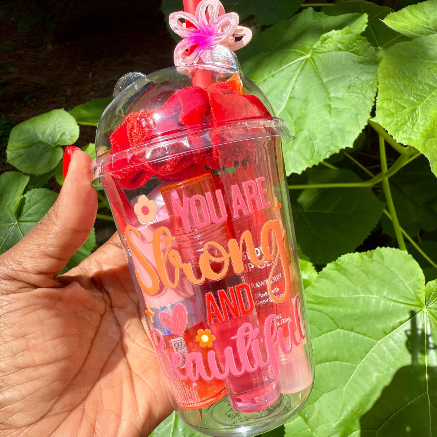 Clear tumbler with motivational text pack with beauty products
