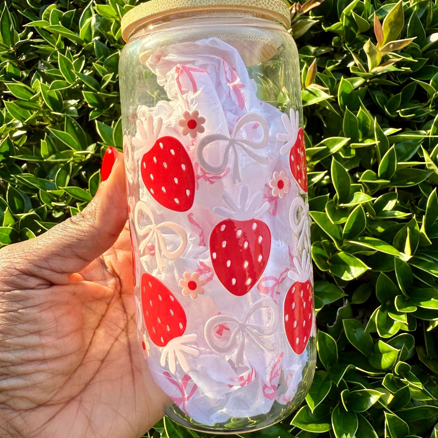 Strawberry Glass Cup – 16oz Iced Coffee Cup with Custom Wrap