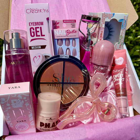 Soft glam makeup look using lip gloss, blush, and lashes from beauty bundle for glowing finish