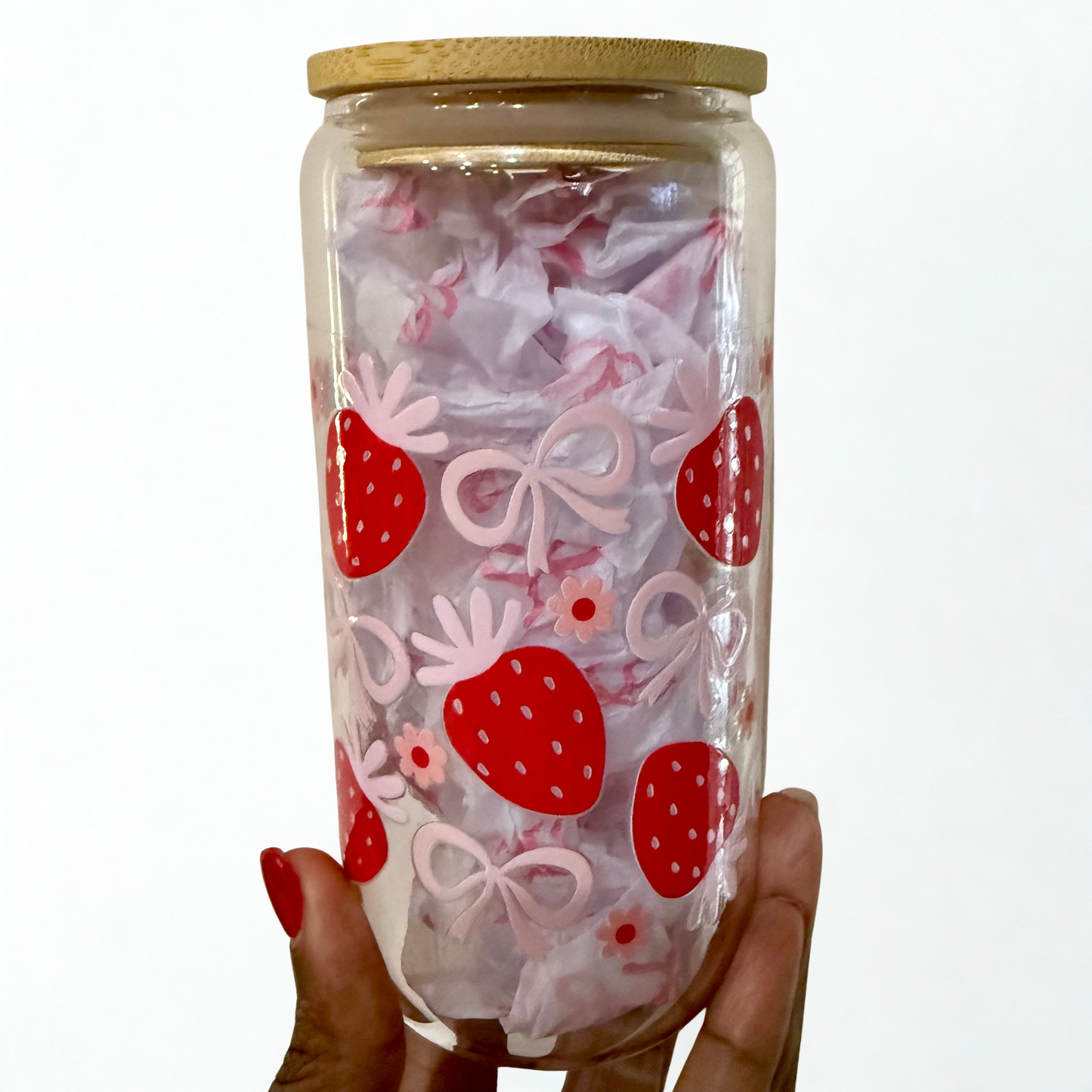 Glass Jar with strawberry and bow pattern