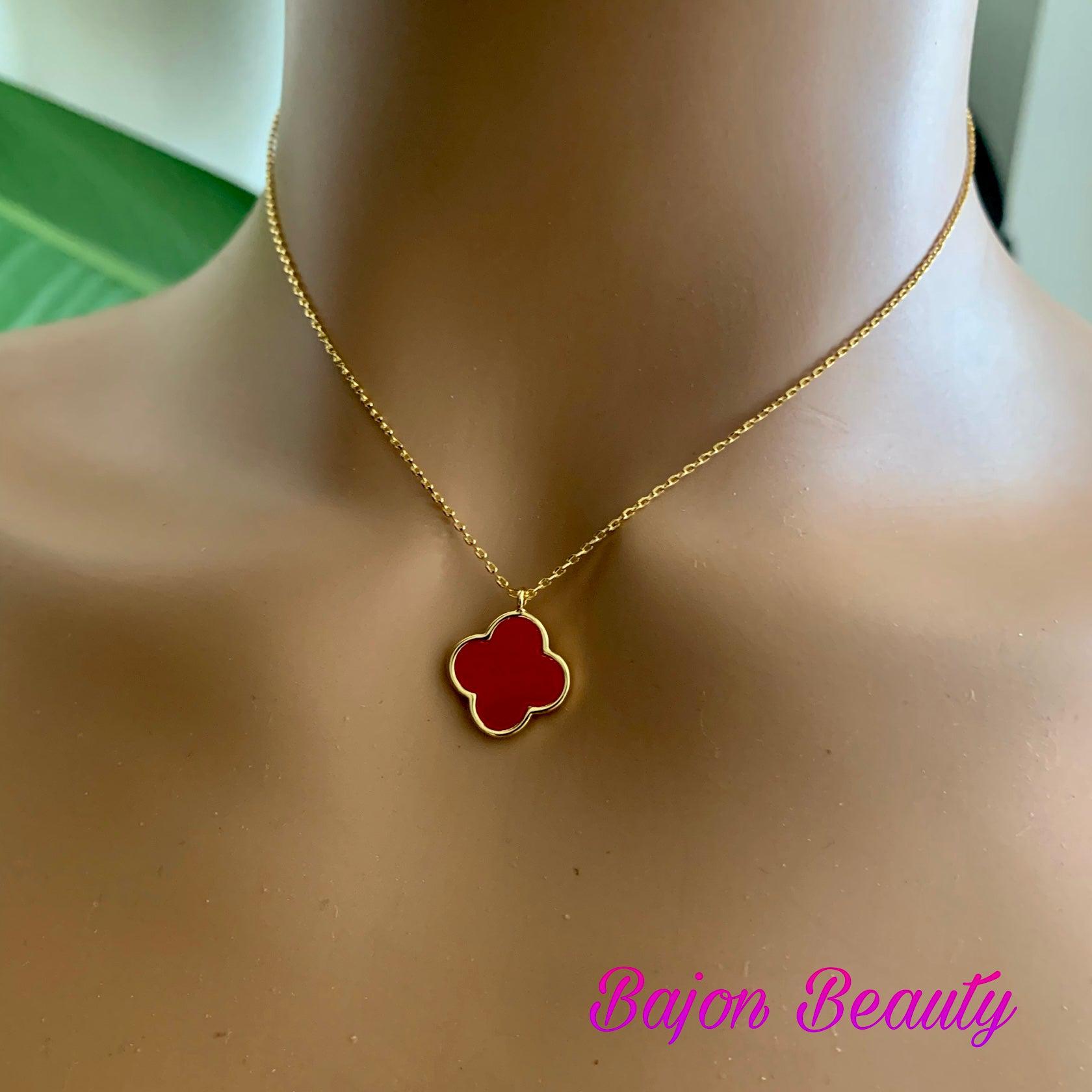 Red Lucky Clover Leaf Pendant Necklace