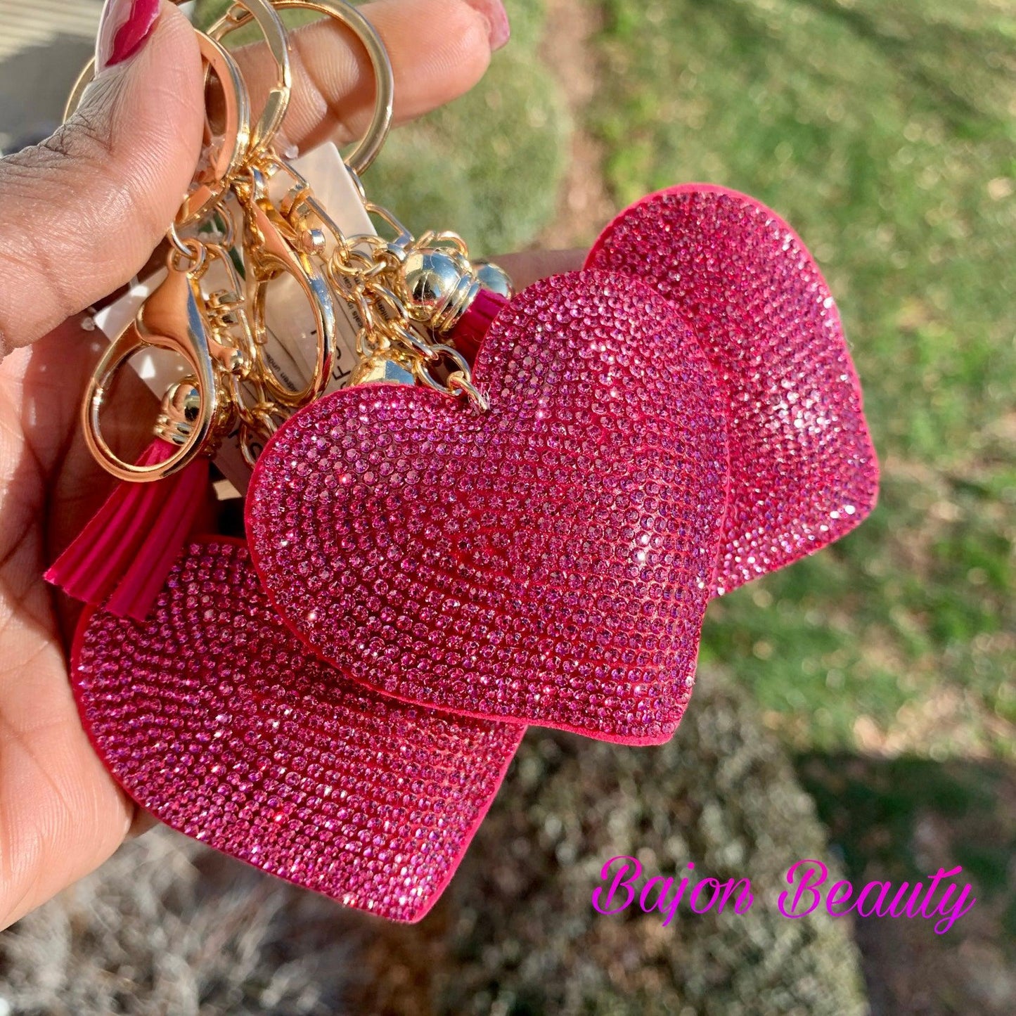 Pink Bling Heart Tassel Keychain