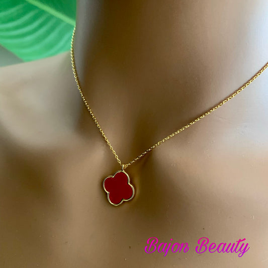 Red Lucky Clover Leaf Pendant Necklace