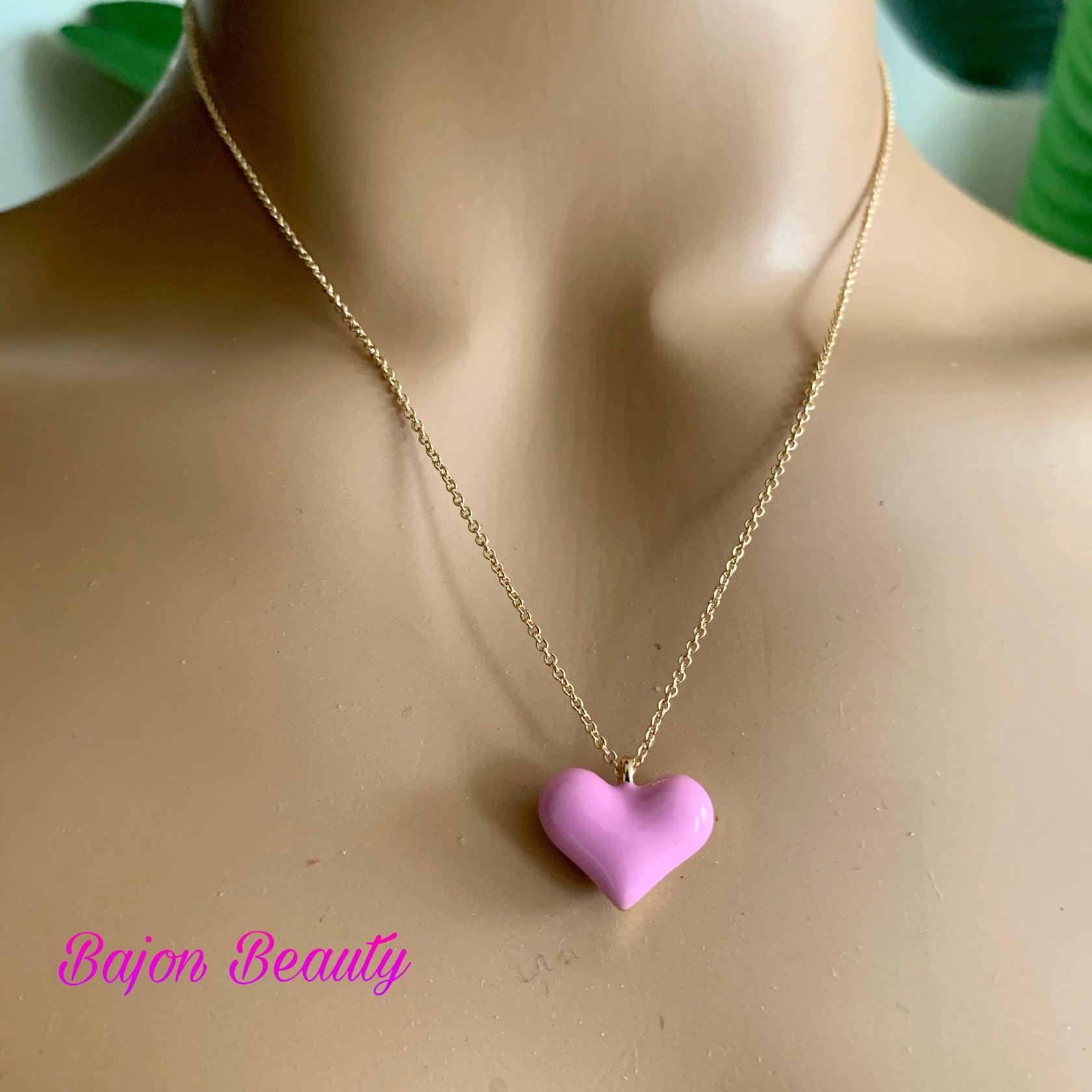 Pink Enamel Heart Pendant Necklace