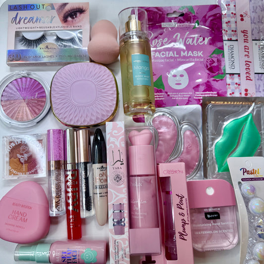 Assorted beauty products including makeup and skincare items for her