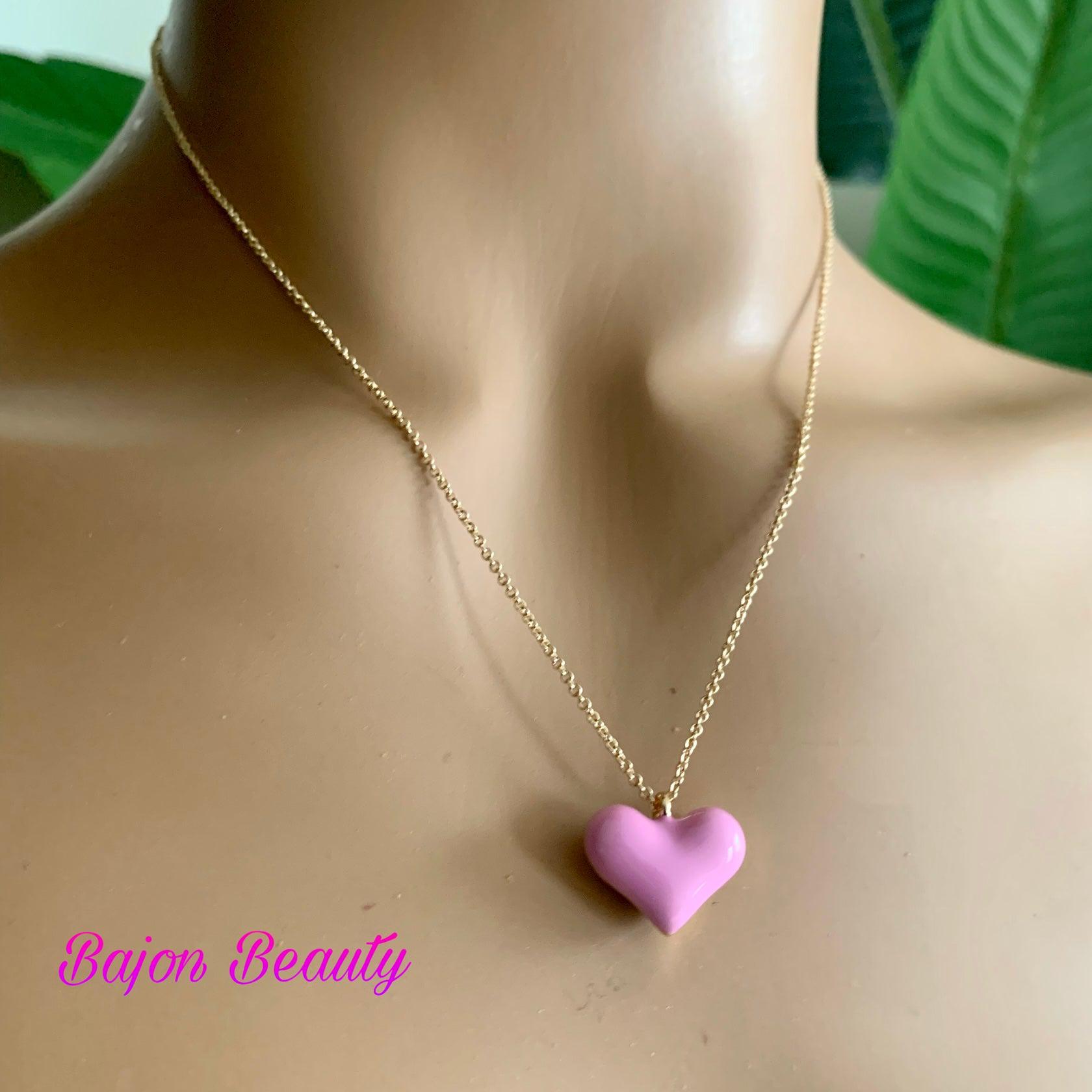 Pink Enamel Heart Pendant Necklace