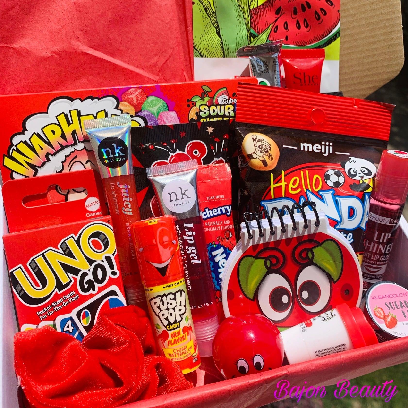Red Lip Gloss Snack Box with Candy and Accessories
