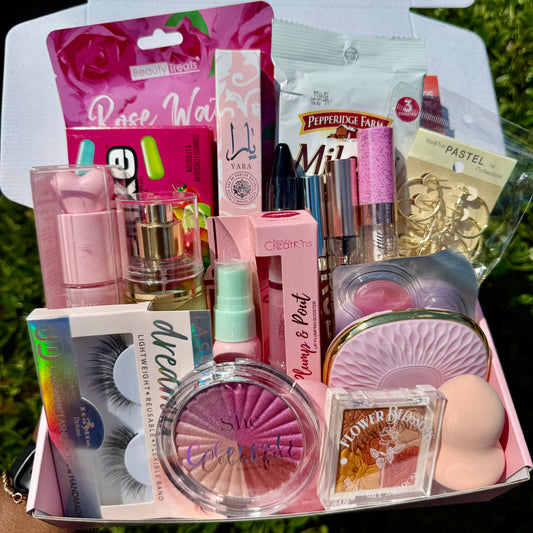 Assorted beauty products including makeup and skincare items 