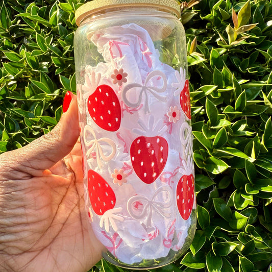 Strawberry Glass Cup – 16oz Iced Coffee Cup with Custom Wrap