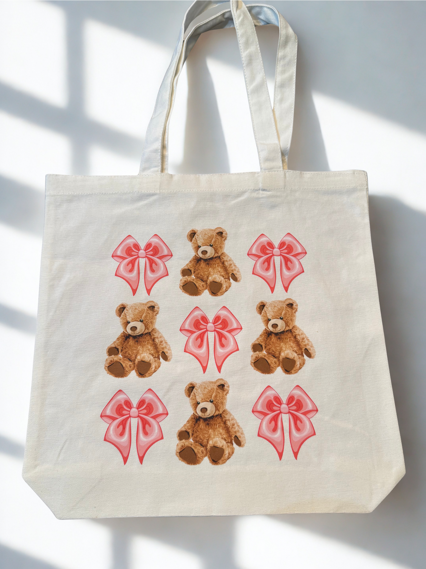 White Tote bag with teddy bears and pink bows design 
