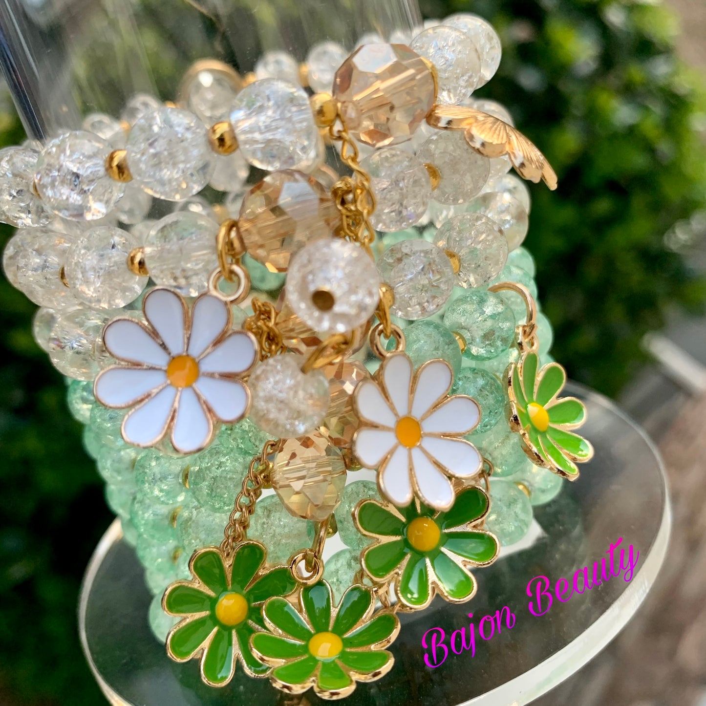 Green Flower Beaded Bracelet