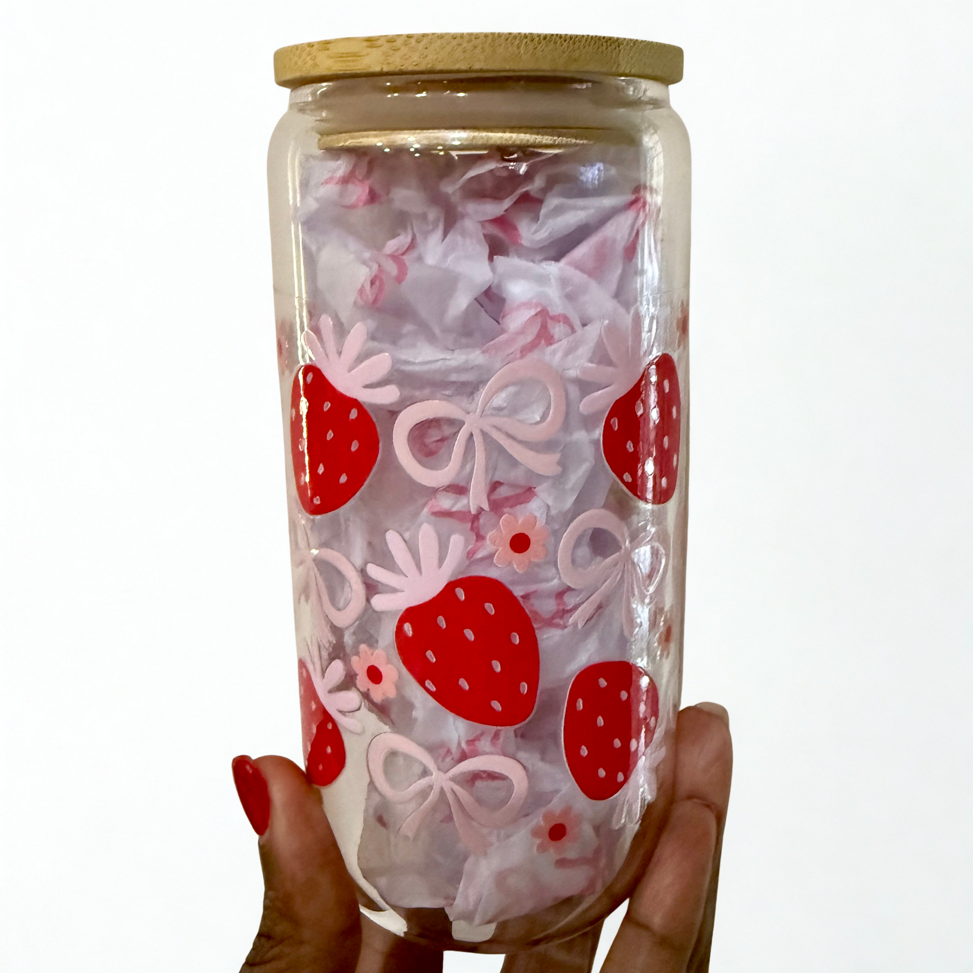 Glass Jar with strawberry and bow pattern 