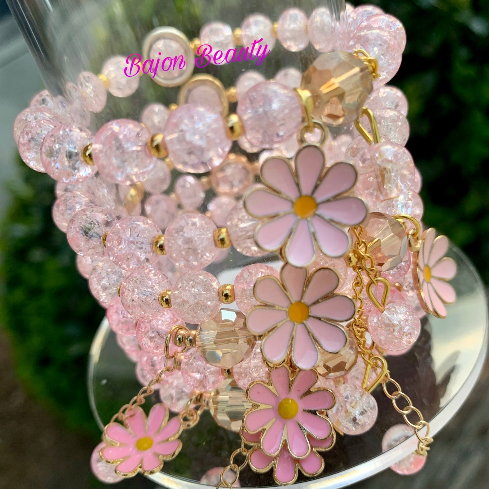 Pink Flower Beaded Bracelet
